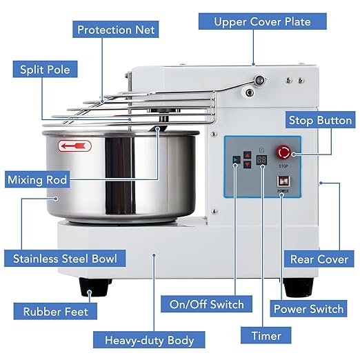 EliteEdge 10.5 Qt Commercial Food Mixer | 650W Dual-Rotation Dough Kneading Machine with Touchscreen Timer | Stainless Steel Bowl & Safety Shield for Bakeries & Restaurants