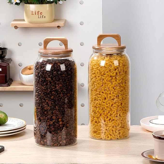 WHJY 2 pack 107oz Large Glass Jars with Wood Lids Flour Sugar Storage Containers for Kitchen Pantry Large Airtight Clear Canister for Coffee Bean Snacks Dried Goods