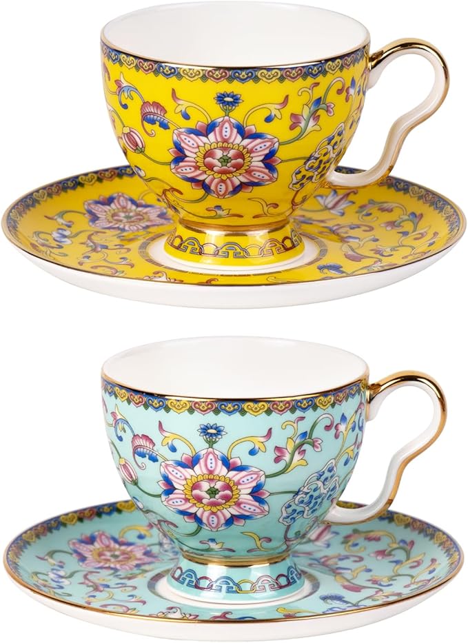 KAMMAK Tea Cups and Saucers Set of 2, Porcelain Coffee Cups with Saucer for Espresso, Cappuccino, 7.5oz Vintage Yellow and Blue Ceramic Novelty Mug for Home, Tea Party, Office