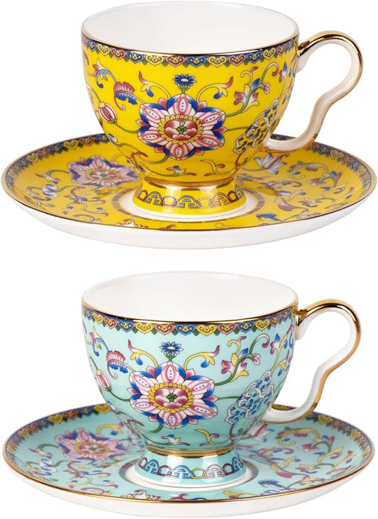 KAMMAK Tea Cups and Saucers Set of 2, Porcelain Coffee Cups with Saucer for Espresso, Cappuccino, 7.5oz Vintage Yellow and Blue Ceramic Novelty Mug for Home, Tea Party, Office