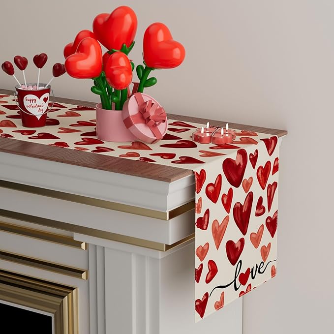 XCHI Watercolor Red Love Hearts Valentine?셲 Day Table Runner Table Decoration for Party Home Kitchen Dining Holiday Decor 13x48 Inch