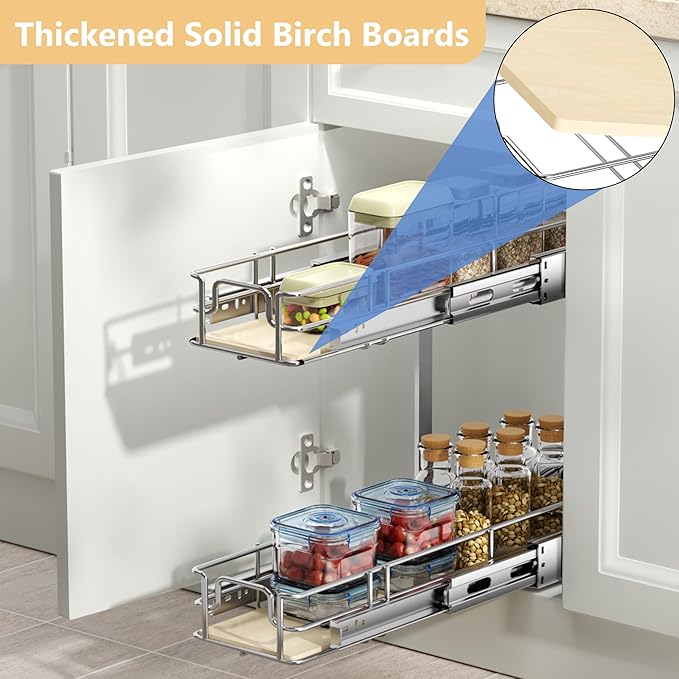 ROOMTEC 2 Tier Individual Pull Out Cabinet Organizer 7쩍"W x 21쩍"D, Slide Out Wood Shelves Organizers, Pull Out Drawers Organization and Storage for Kitchen Cabinet