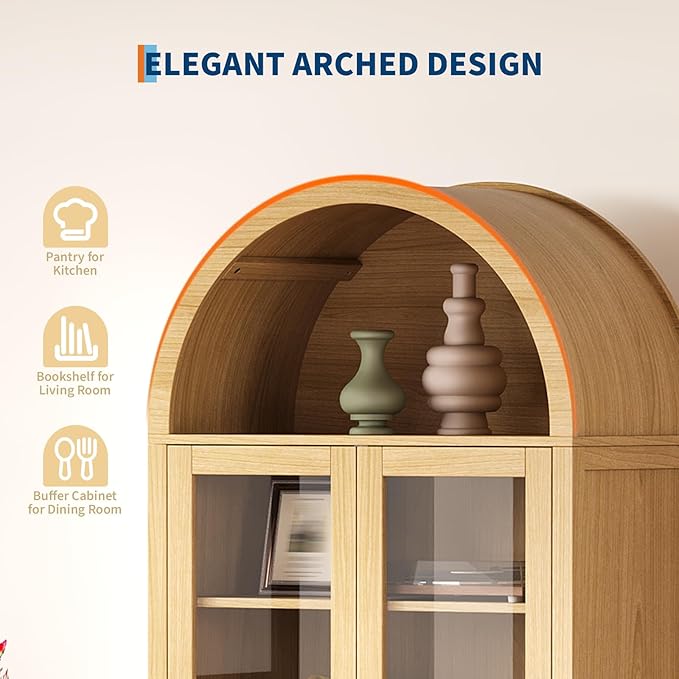 CuisinSmart 71" Display Arched Storage Cabinet, Kitchen Pantry with Tempered Glass Doors, 2 Large Drawers and Adjustable Shelves, Arched Bookshelf Cabinet for Dining Room Kitchen Office- Natural