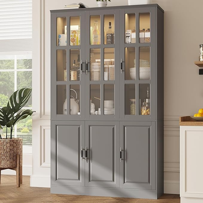 MEISSALIVVE 78.7" Tall Pantry Cabinet with LED Lights, Freestanding Kitchen Pantry with Glass Doors, Large Food Storage Cabinet, Grey (47.2" W x 15.7" D)