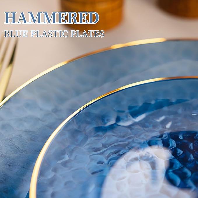 Lullaby 60Pcs Blue Gold Plastic Plates, Blue Disposable Plates With Gold Rim, Plastic Plates Include 30 Dessert Plate 10'', 30 Dinner Plate 7.5'' for Party, Birthdays and Wedding ﻿