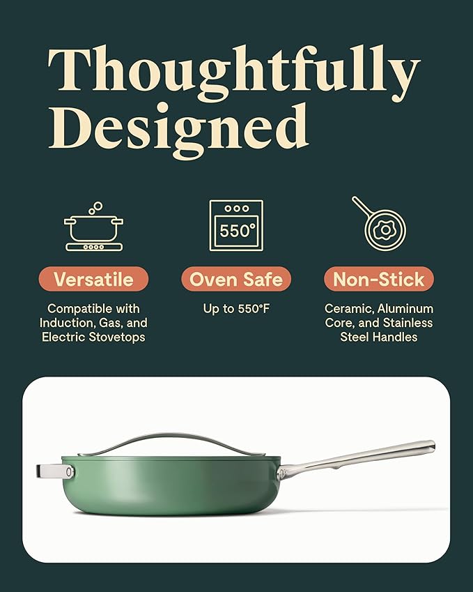 Caraway Nonstick Ceramic Saut챕 Pan with Lid (4.5 qt, 11.8") - Non Toxic, PTFE & PFOA Free - Oven Safe & Compatible with All Stovetops (Gas, Electric & Induction) - Sage