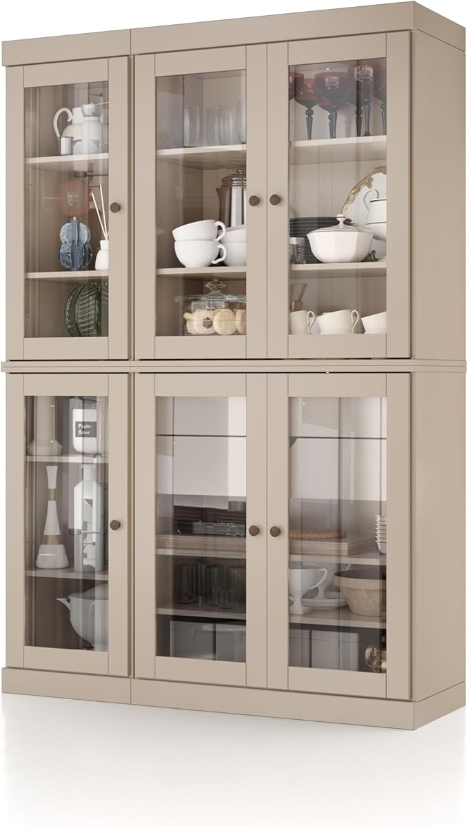 Palace Imports 100% Solid Wood 48.5" Pantry China Cabinet with Clear Glass Doors, 2-Drawers and Adjustable Shelves (Beige)