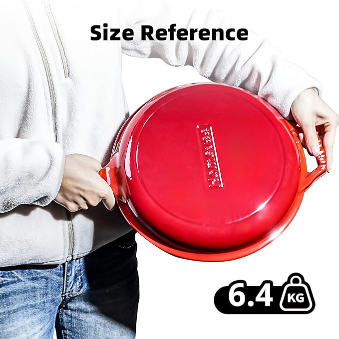 Enameled Cast Iron Braiser Pan - 2-in-1 Cast Iron Dutch Oven - 6.5QT Deep Pot with Frying Pan - Cookware Multi Cooker Skillet - for Grill Induction Stovetop Camping -Red