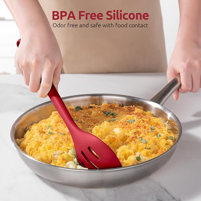 600쨘F Heat Resistant Silicone Spoons: U-Taste 13.3in Solid & Slotted Kitchen Cooking Spoon, Nonstick Long Rubber Utensil, Sturdy for Mixing, Serving, Stirring, Frying, Draining (Red, 2PCS)