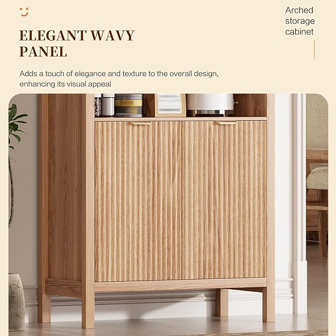 71" Tall Arched Kitchen Pantry,Modern Fluted Wood Storage Cabinet with Doors,Adjustable Shelves,Organizer, Versatile Cupboard for Kitchen,Living Room,Dining Room,Bathroom,Wood