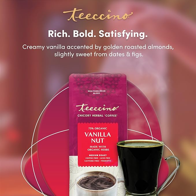 Teeccino Vanilla Nut Chicory Coffee Alternative - 11 Ounce - Ground Herbal Coffee That?™s Prebiotic, Caffeine Free & Acid Free, Medium Roast, (Pack of 3)