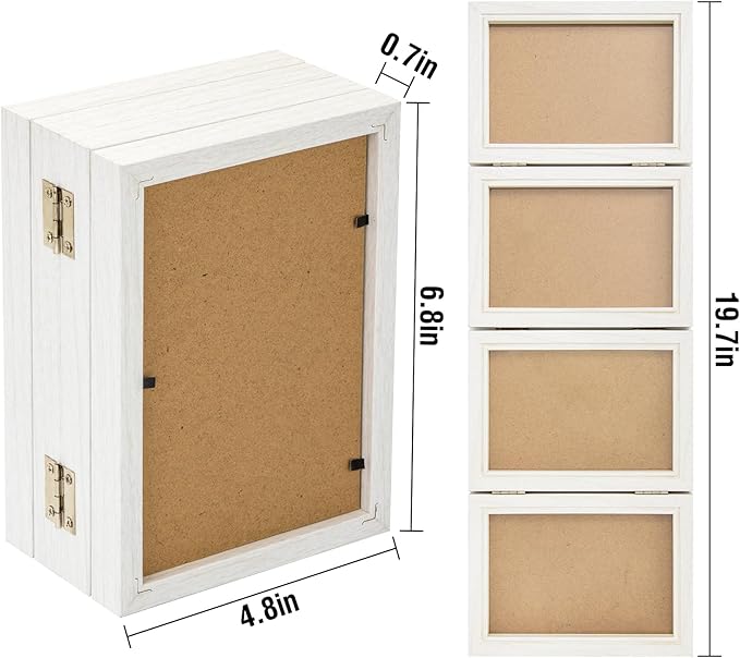 4x6 Four Picture Frame 4 Hinged Photo Frame with 4 Openings, Natural Wood Foldable Photo Frame with High Definition Acrylic for Birthday Father's Day Christmas Gift, Rustic Desk Family Picture Collage, White