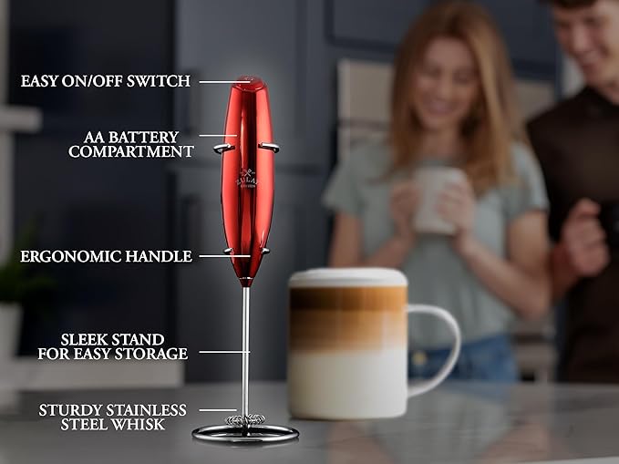 Zulay Kitchen Executive Series Luxury Gift Milk Frother ??Handheld Electric Foam Maker for Coffee, Lattes & Hot Chocolate ??Deluxe Finish, Great Fir for Coffee Lovers (Cardinal Red)