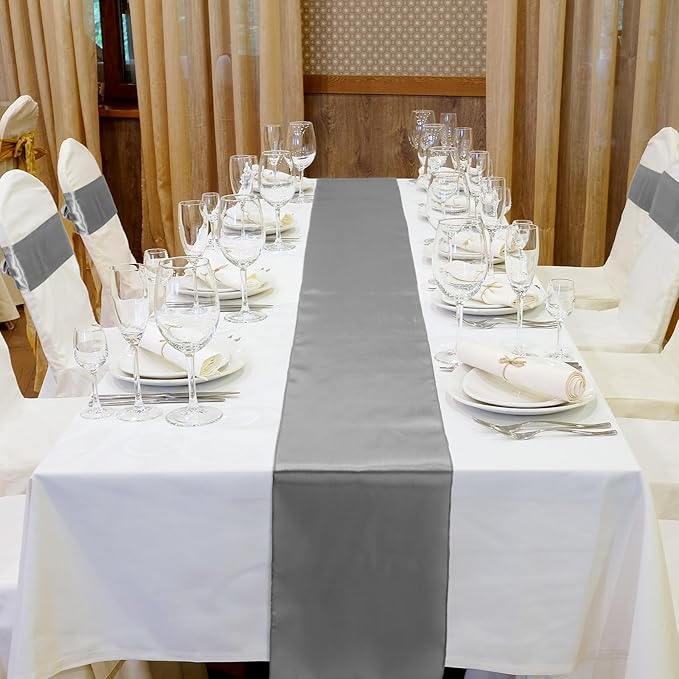 Bencailor 24 Pcs Dark Gray Satin Table Runner Bulk 12 x 108 Inches Long Table Runners Bright Smooth Fabric Tablecloth for Wedding Banquet Birthday Valentines St Patrick's Day Party Decorations