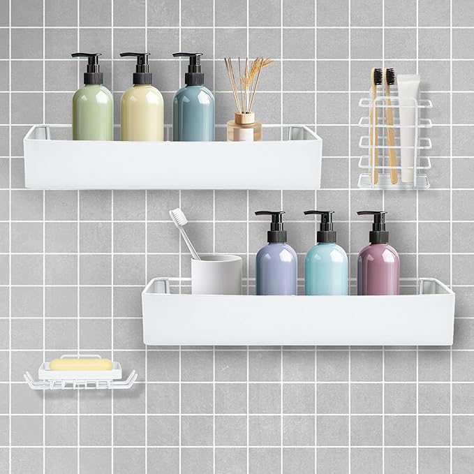 Premium Shower Caddy, Adhesive Bathroom Shower Organizer and Storage, No Drill Shower Shelves for Inside Shower, Rustproof Shower Storage Rack 4 Pack White