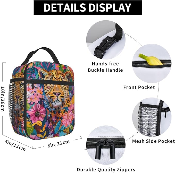 VANZEV Insulated Lunch Box for Women Men, Leopard Floral Lunch Box Reusable Portable Lunch Bag Cooler Tote Waterproof Lunch Container for Office Picnic Work Travel Hiking