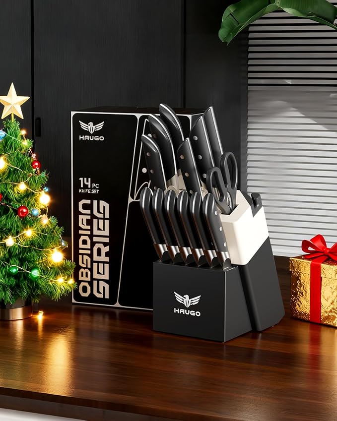 Knife Set - Haugo 14 PCS German Stainless Steel Kitchen Knife Sets with Block and Sharpener - Full Tang Knife Block Set and Ergonomic Handle - Elegant Black- Obsidian Series