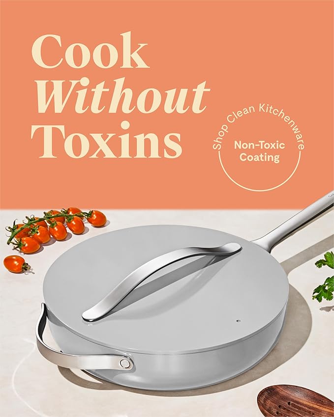 Caraway Nonstick Ceramic Saut챕 Pan with Lid (4.5 qt, 11.8") - Non Toxic, PTFE & PFOA Free - Oven Safe & Compatible with All Stovetops (Gas, Electric & Induction) - Gray