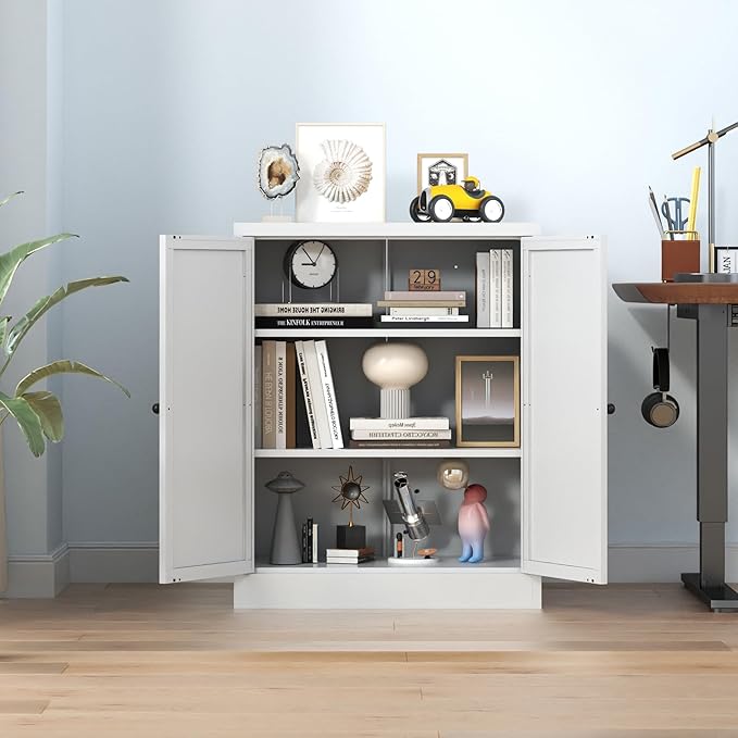 Metal Pantry Cabinet, 35 Inch Tall Kitchen Storage Cabinet, Pantry Cabinet with Doors and 2 Adjustable Shelves, Food Pantry Storage Cabinet for Kitchen, White
