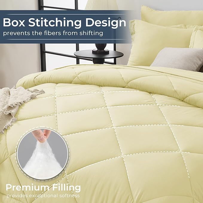 HEVUMYI Cream Yellow Twin Comforter Set - 5-Piece All Season Bed in a Bag Twin, Ultra Soft Bedding Set with Comforter, Flat Sheet, Fitted Sheet, Pillowcases, Pillow Shams
