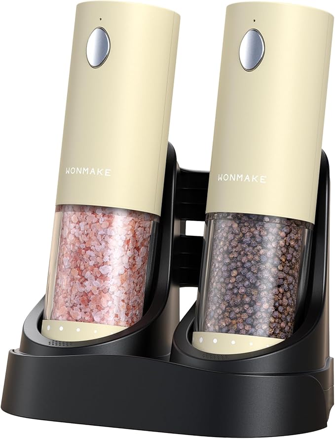 Electric Salt and Pepper Grinder Set - Automatic Refillable Salt and Pepper Grinders with Charging Base & LED Light, 6-Level Adjustable Coarseness with External Dial, Ideal Kitchen Gadget竊똁eige
