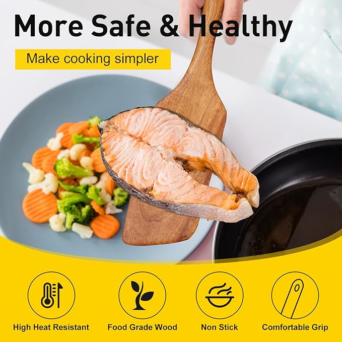 Best Non Toxic Wooden Spatula for Cooking Utensils Teak Wood Wok Spatulas for Kitchen Spoon Pancake Turner Scraper Spurtle Bamboo Kitchen Utensil Flat Egg Flipper Spatula Long Fish Cooking Spatulas