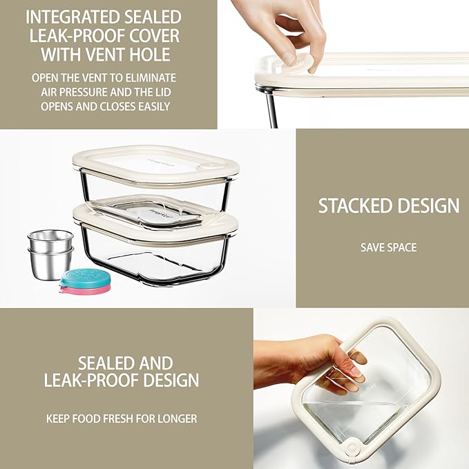 Glass Food Storage Containers with Silicone Glass Lids, 304 Stainless Steel Salad Dressing Containers, Microwave-safe LeakProof Food Containers Set, 100% Plastic Free-4-pack（White）