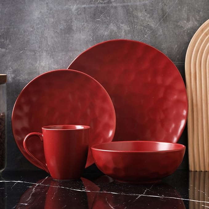 Stone Lain Sam Porcelain 32-Piece Round Dinnerware Set, Red