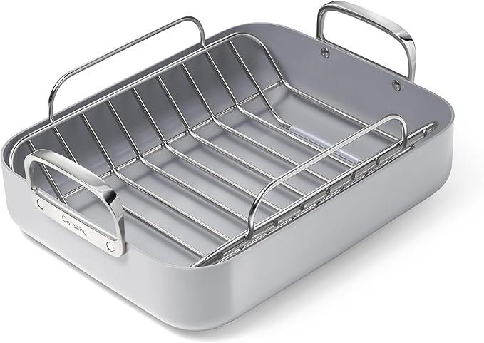 Caraway Roasting Pan - 16x13??Roasting Pan with Rack - Non-Stick Ceramic Coated - Non Toxic, PTFE & PFOA Free - Oven Safe & Compatible with All Stovetops - Gray