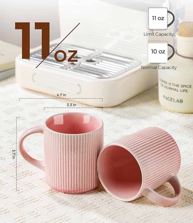 GBhome Coffee Mugs Set for 6, 11oz Coffee Cups with Handle for Man,Woman,Dad,Mom, Stoneware Mugs Sets for Coffee, Latte,Tea, Hot Cocoa, Milk, Dishwasher&Microwave Safe,Pink