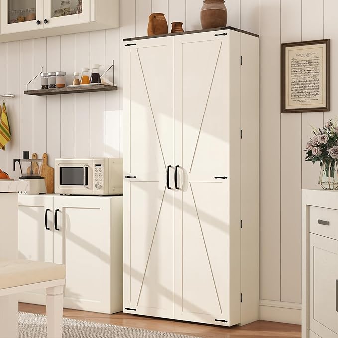 Tall Kitchen Pantry Cabinet: 67" Farmhouse Pantry Cabinet for Kitchen Storage, Off White Cupboard with 2 Barn Doors, Wood Food Storage Cabinets with Shelves (White)