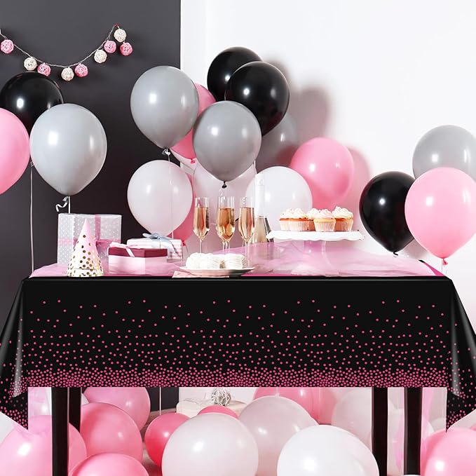 3Pcs Black Hot Pink Tablecloth Party Decorations,Plastic Black Table Cloth Printed Hot Pink Table Runner Disposable Rectangle Cover for Birthday Wedding Anniversary Graduation Party,54x108 Inch