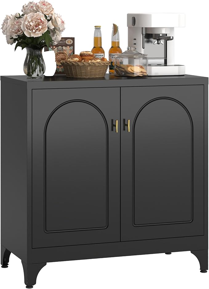 Coffee Bar Cabinet,Metal Kitchen Storage Cabinet,Buffet Cabinet with Storage and Adjustable Shelf,Black Sideboard Buffet Cabinets for Dining Room