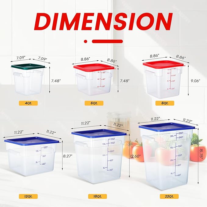 4 Pack Food Storage Containers, 8 Quart with Lids, Square Commercial Containers with Scale, Clear NSF Food Organizing, Polycarbonate