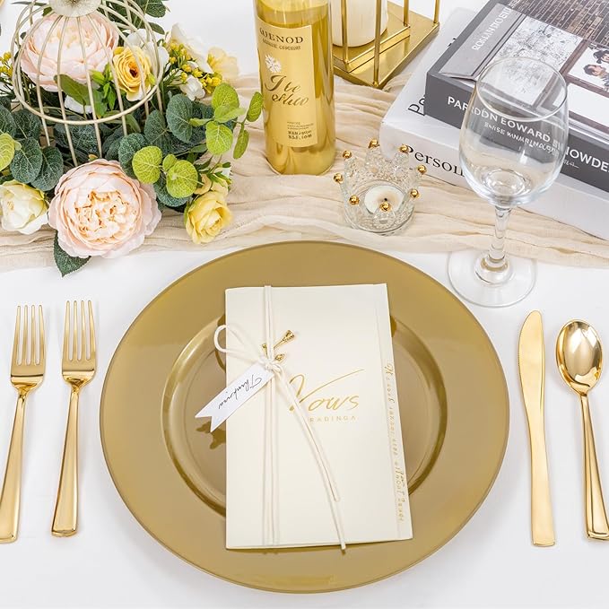 WDF 12Inch Plastic Charger Plates - 25Pack Gold Charge for Dinner - Disposable Gold Charge Plates - Perfect for Dinner/Wedding Party/Elegant Tabletop Decor
