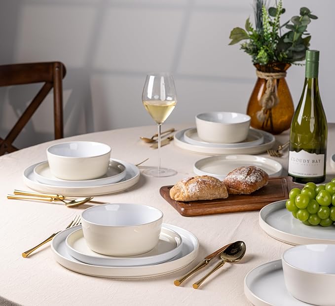 AmorArc Ceramic Dinnerware Set | Stoneware Plates and Bowls | Scratch Resistant,Dishwasher & Microwave Safe Dishes Sets-Beige3