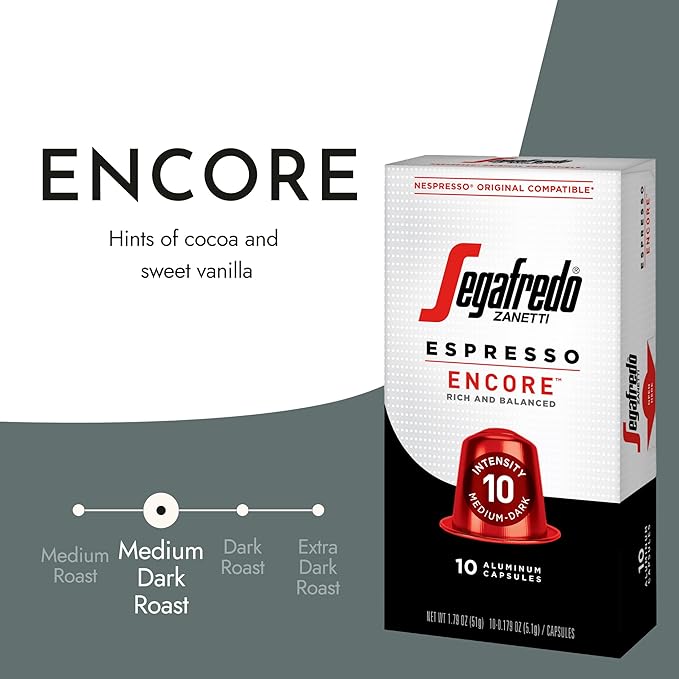 Segafredo Zanetti Espresso Capsules ??Aluminum Pods for Nespresso Original Machines ??Medium-Dark Roast Premium Espresso with a Rich Aroma ??Balanced, Intensity 10 ??Encore, 10 Count (Pack of 4)