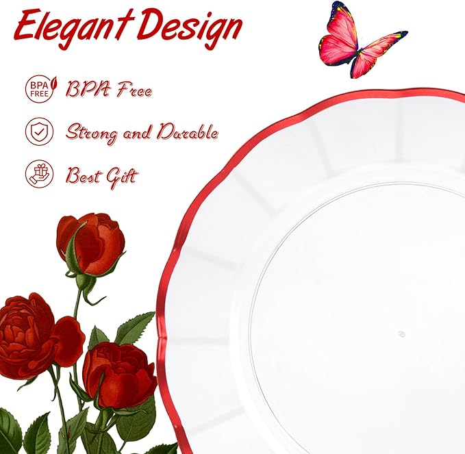 EI 150pcs Clear and Red Plastic Plates,Plastic Plates and sliverware,Clear Disposable Party Dinnerware Set for 30 Guests,Red Wavy Petal Edge Disposable Dinnerware Set for Wedding,Christmas,New Year