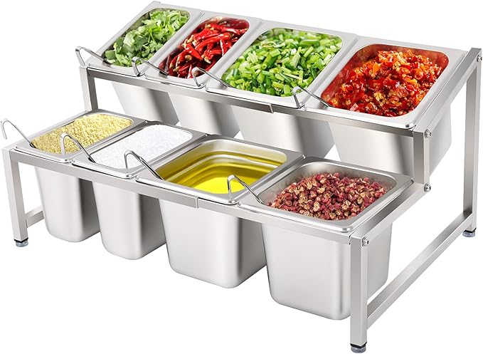 8 PCS Spice Rack Shelf, 2-Tier Stainless Steel Spice Organizer Stand with Lids and Spoons, Expandable Spice Rack for Buffets, Homes and Commercial Kitchens (4 X 1/9 Pans + 4 X 1/6 Pans)