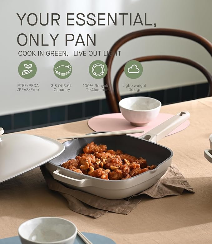 10.5 Inch(3.8QT) Ceramic Pan with Lid,Non Stick Frying Pans Cast Aluminum Deep Saut챕 Pans,Ti-Ceramic Non Toxic Pix Pan with Wooden Spatula and Scrubber-Morning Mist