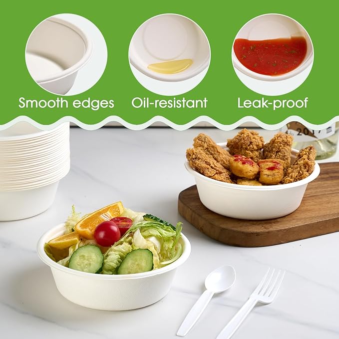 ECOLipak 20 OZ 150 Count Paper Bowls, Disposable Compostable Large Soup Bowl, Heavy Duty Bagasse Bowls for Family Lunch, Dinner Meals, Camping, Party