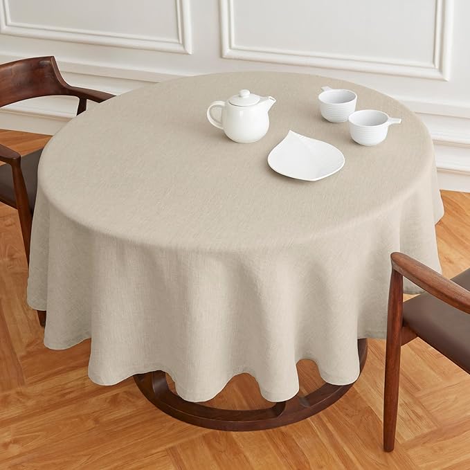 Solino Home Linen 60 Inch Round Tablecloth - 100% Pure Linen Flax Round Tablecloth - Machine Washable Table Cloth for Spring, Easter - Sonoma