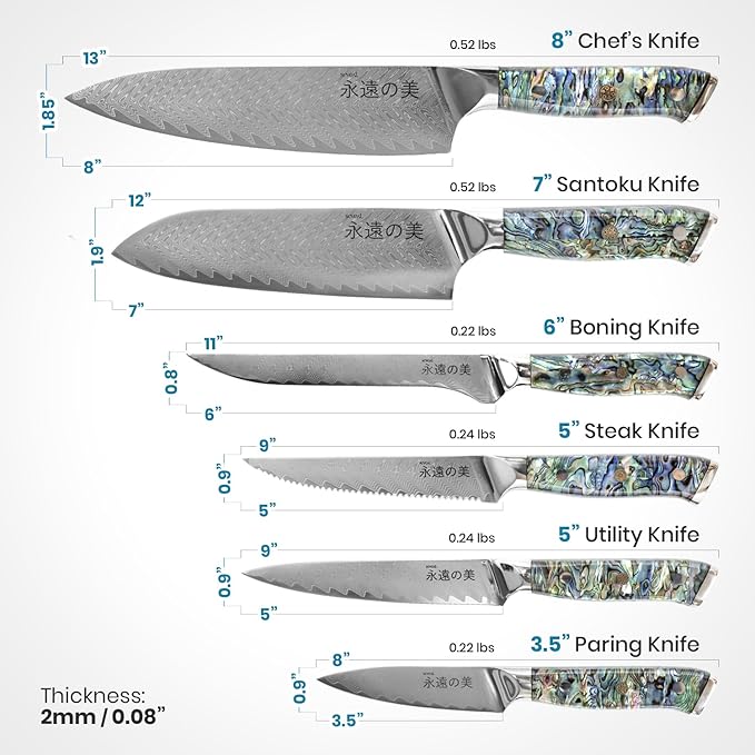 Damascus Kitchen Knife Set, 67-Layer Damascus Steel, Professional Chef Knives Set for Kitchen, Ergonomic Wood & Resin Handle (Blue, 9 pieces with Wooden Block)