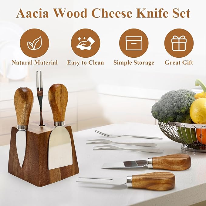 9 Pack Cheese Knives with Holder Acacia Wood Charcuterie Serving Utensils Supplies Cheese Knife Set for Charcuterie Board Accessories Cheese Tools Gift Mini Butter Knife Spreader Slicer Fork