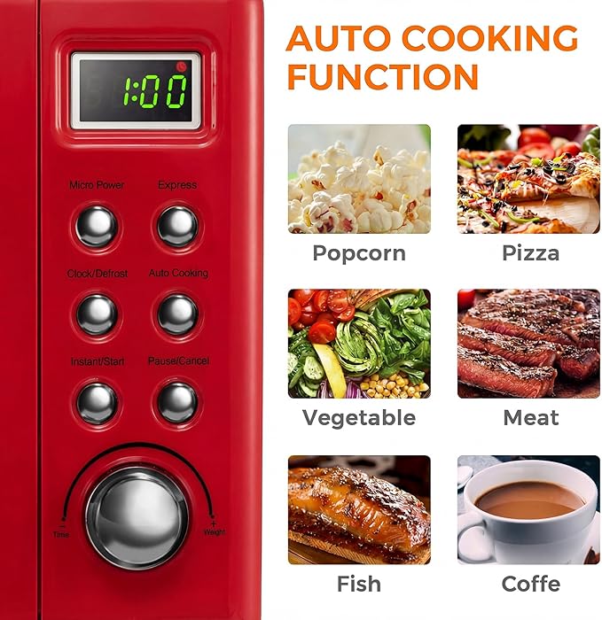 ARLIME Retro Microwave 0.7Cu.ft, 700 Watt Countertop Microwave with 5 Micro Power Defrost & Auto Cooking Function, LED Display, Child Lock, Small Microwave for Kitchen, RV, Dorm (Retro Red)