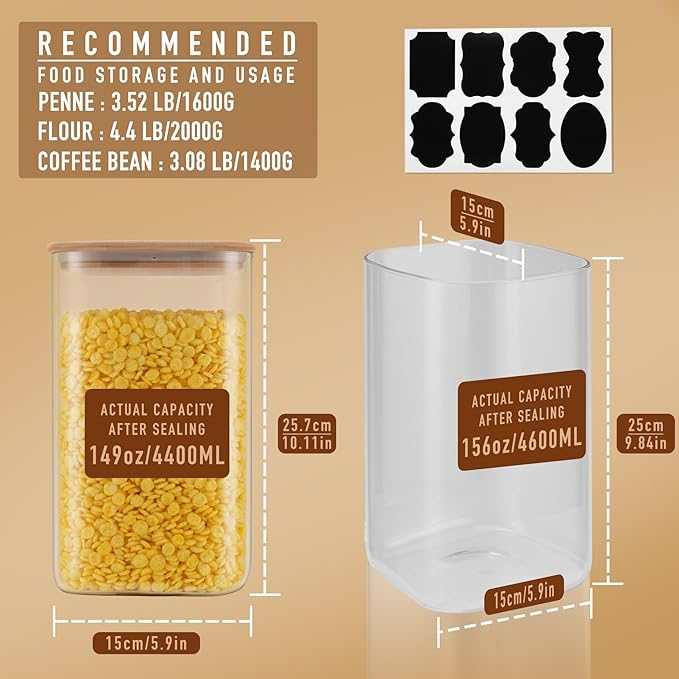 156oz Airtight Glass Square Storage Canister with Bamboo Lid Set of 2(4600ml*2) Large Gallon Glass Jars for Sugar, Flour, Cookies and Coffee beans (?럚ith Black Lable)