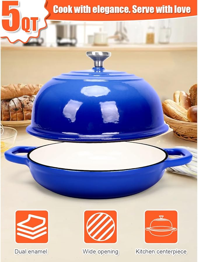 QuliMetal Dutch Oven Bread Baking- 5QT Enamel cast iron Oven with Sourdough Bread-Baking Supplies like Bread Proofing Basket, Scoring Lame, Dough Whisk for Sour dough, Bread-making Blue