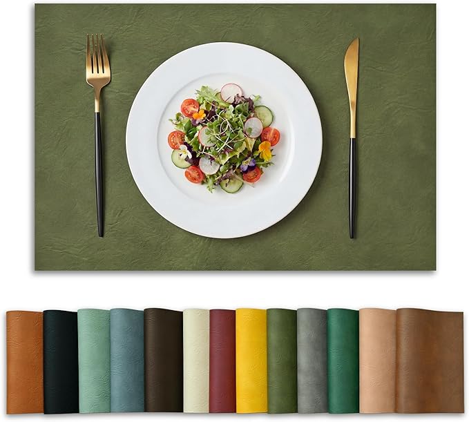 Artoid Mode Olive Green Faux Leather Placemats Set of 6, 12x18 Inch Waterproof Wipeable Heat Resistant Place Mats, Reversible Table Mats for Kitchen Dining Decor