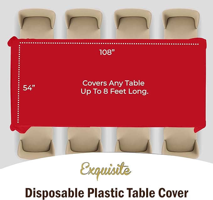 Party Solids Pack Of 6 Premium Plastic Tablecloth 54 Inch x 108 Inch Rectangle Plastic Table Cover - Red