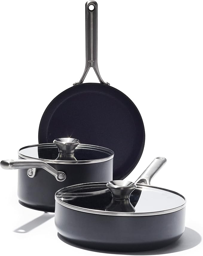 OXO Professional 5 Piece Cookware Pots and Pans Set, Hard Anodized Ceramic Nonstick PFAS-Free, Stainless Steel Handles, Induction Suitable, Diamond Reinforced Coating, Dishwasher and Oven Safe, Black